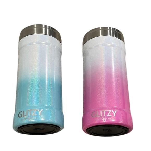 Two Glitzy 12 oz Can Cooler in Blue Teal Pink Sparkle Ombré Skinny Can Fit Shiny - Picture 5 of 16
